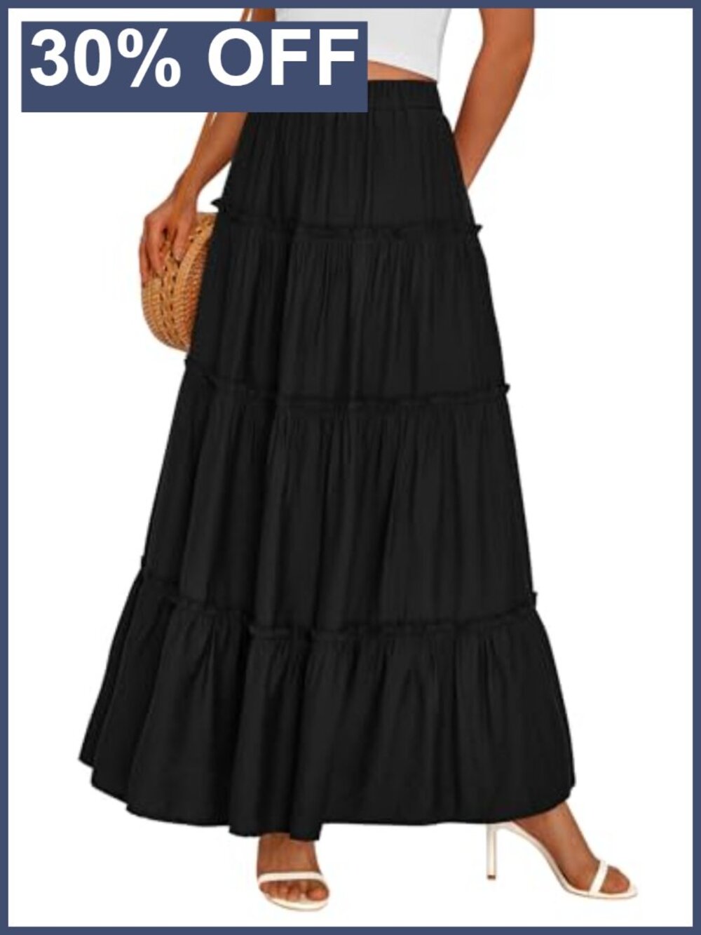 Boho Tiered Ruffle Flowy Maxi Skirt Elastic Waist A-Line Pull-On